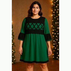 Vintage Almatrichi Madrid Spain Green Black Lace Dress XL Holiday Boho Romantic